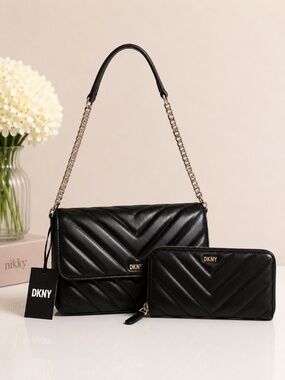 NWT DKNY Veronica Quilted Crossbody Shoulder Bag + Matching Wallet Set Black